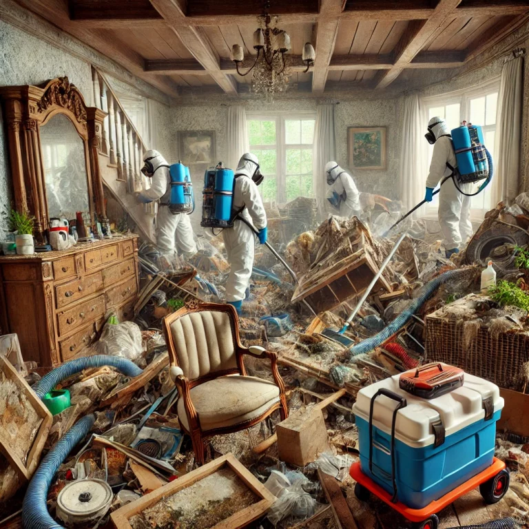 Illustration d'un nettoyage extrême dans une maison fortement encombrée et insalubre.