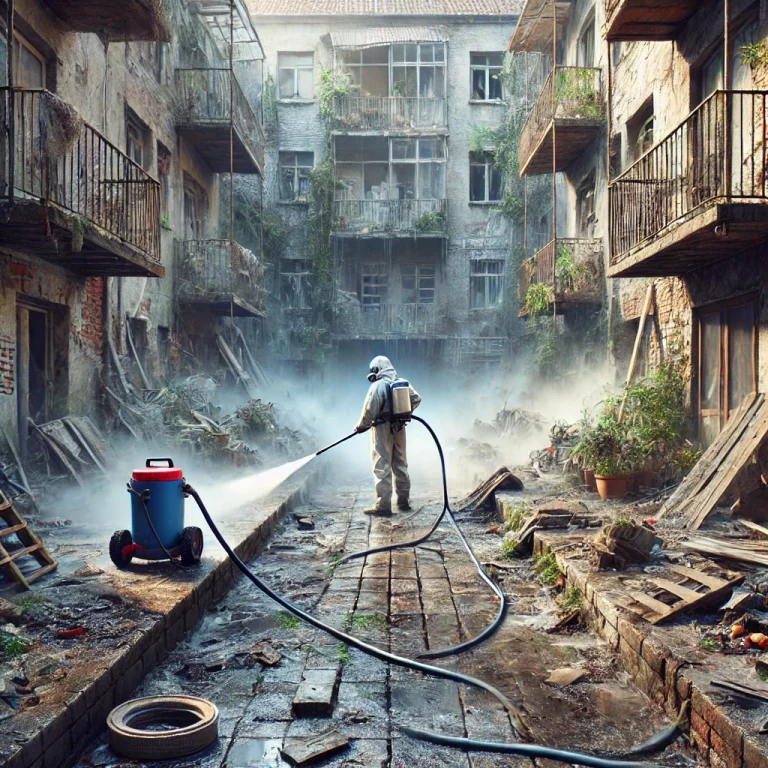 Illustration du nettoyage d'une terrasse insalubre avec des équipements professionnels pour assainir l'espace.