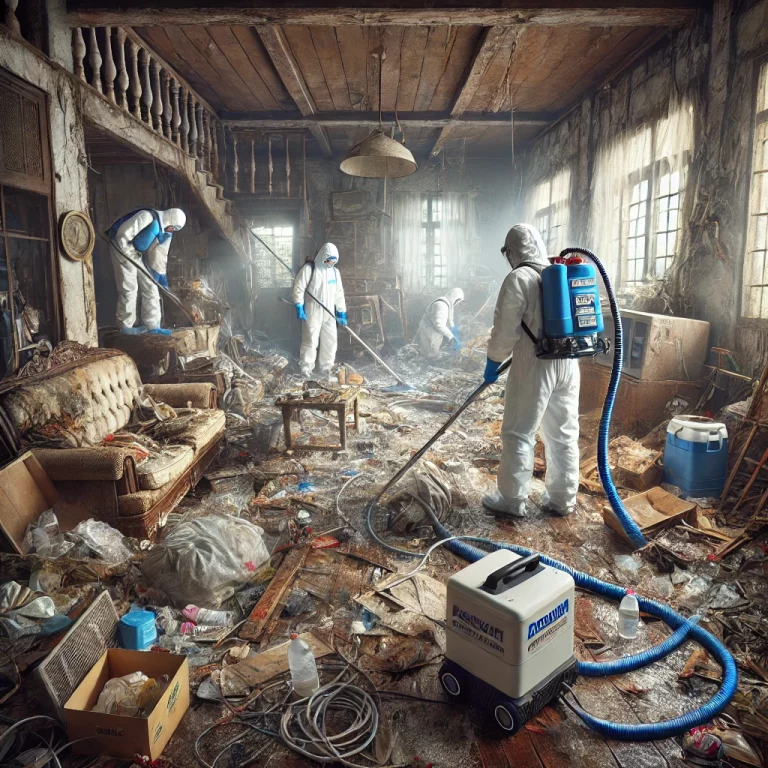 Illustration d'une équipe effectuant un nettoyage extrême dans une maison négligée.