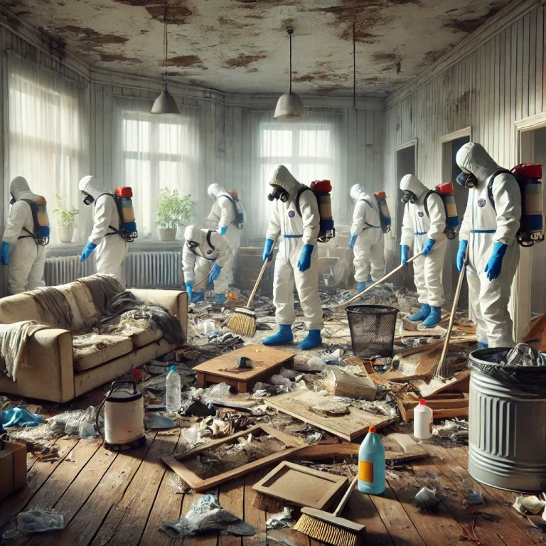 Équipe de nettoyage en équipement de protection, vidant un appartement insalubre.