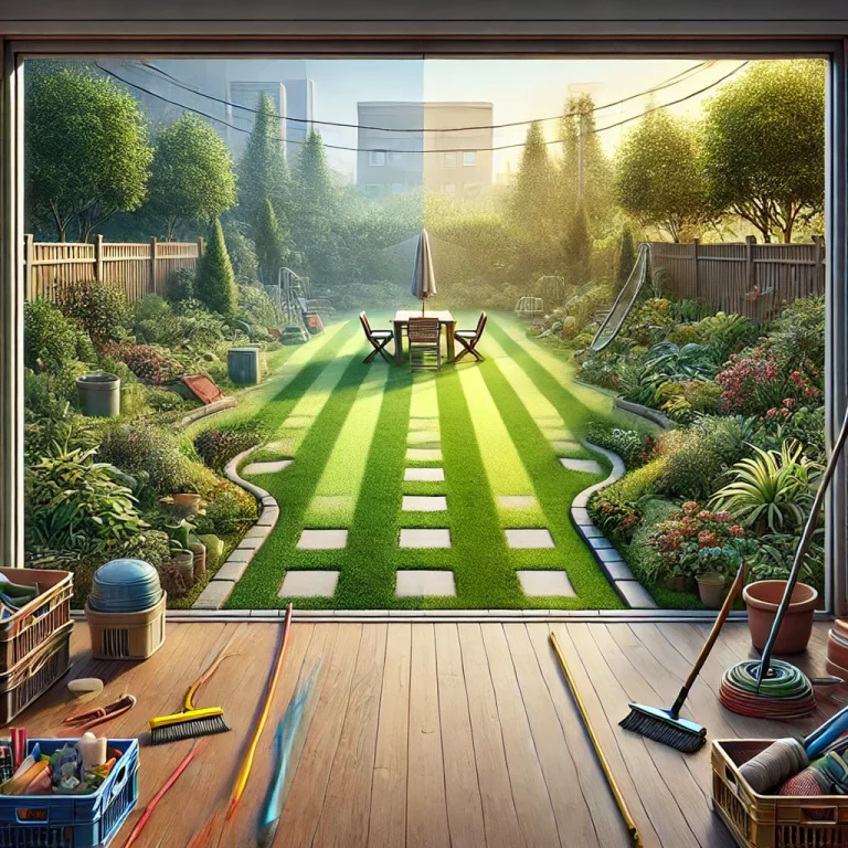 Illustration d’un jardin restauré et bien entretenu après une intervention liée au syndrome de Diogène.