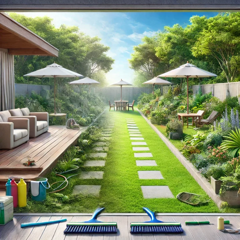 Espace extérieur restauré et bien entretenu après une intervention Diogène, avec des allées dégagées et des plantes ordonnées.