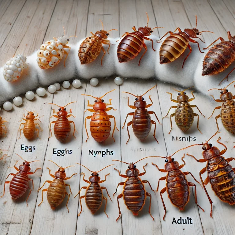Illustration du cycle de vie des punaises de lit, de l'œuf à l'adulte, pour Speed 3D Désinfection.
