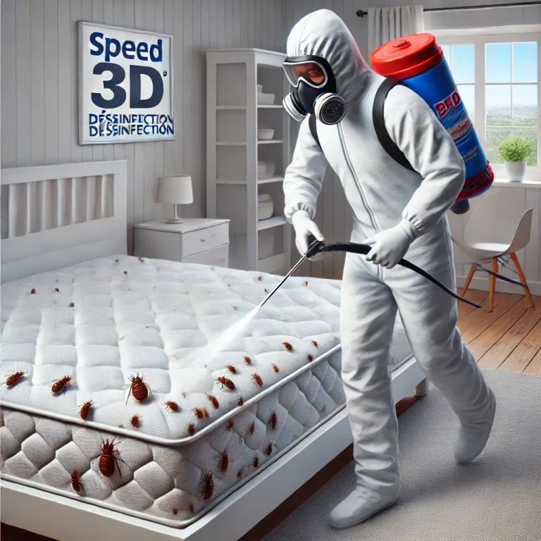Un technicien de Speed 3D Désinfection appliquant un spray anti-punaise de lit sur un matelas infesté.