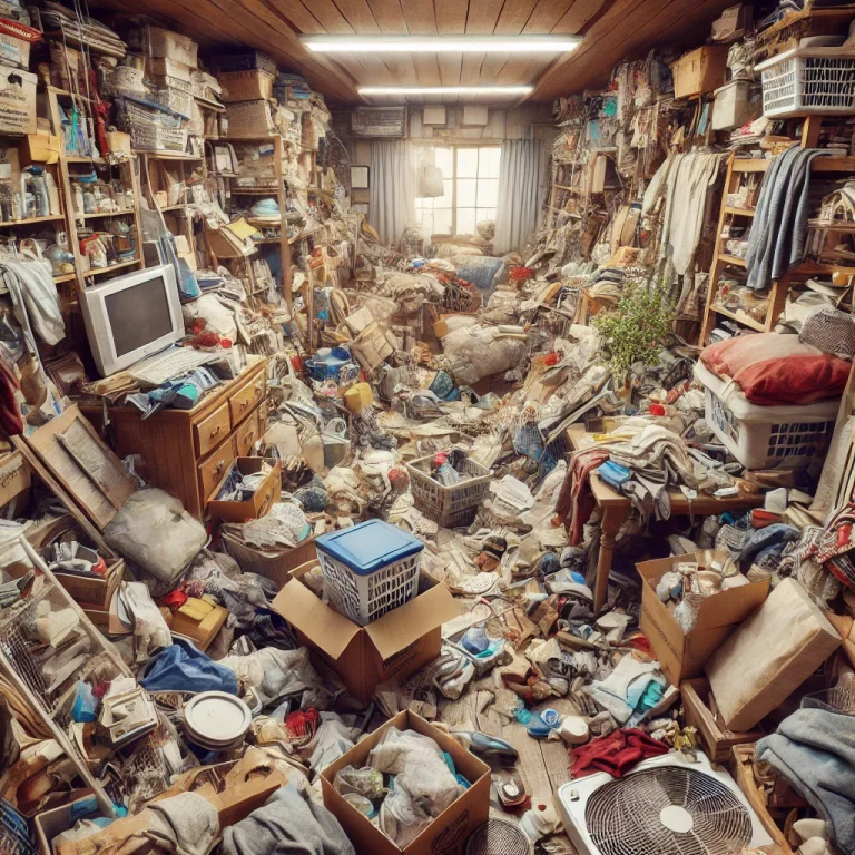 Illustration montrant un espace de vie encombré avec divers objets accumulés, rendant les déplacements difficiles.