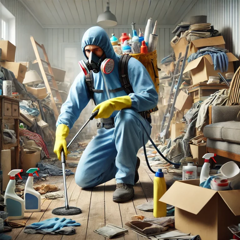 Un professionnel en uniforme de nettoyage, équipé de gants et d’un masque, en train de débarrasser soigneusement un espace encombré.
