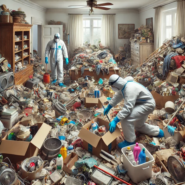 llustration d'une équipe de nettoyage en train de débarrasser un appartement rempli d'objets accumulés.