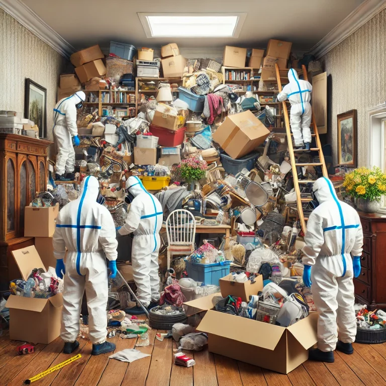 Illustration d’une équipe de professionnels triant et retirant des objets encombrants dans un logement surchargé.