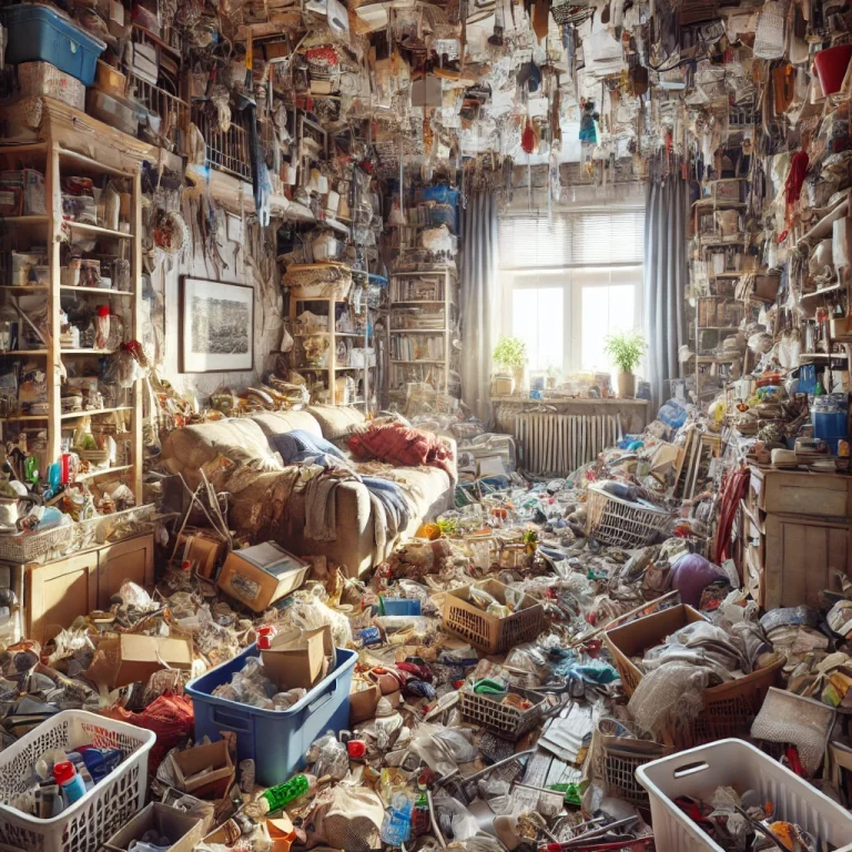 Photo d’un appartement en situation de syndrome de Diogène avec accumulation d’objets et salissures