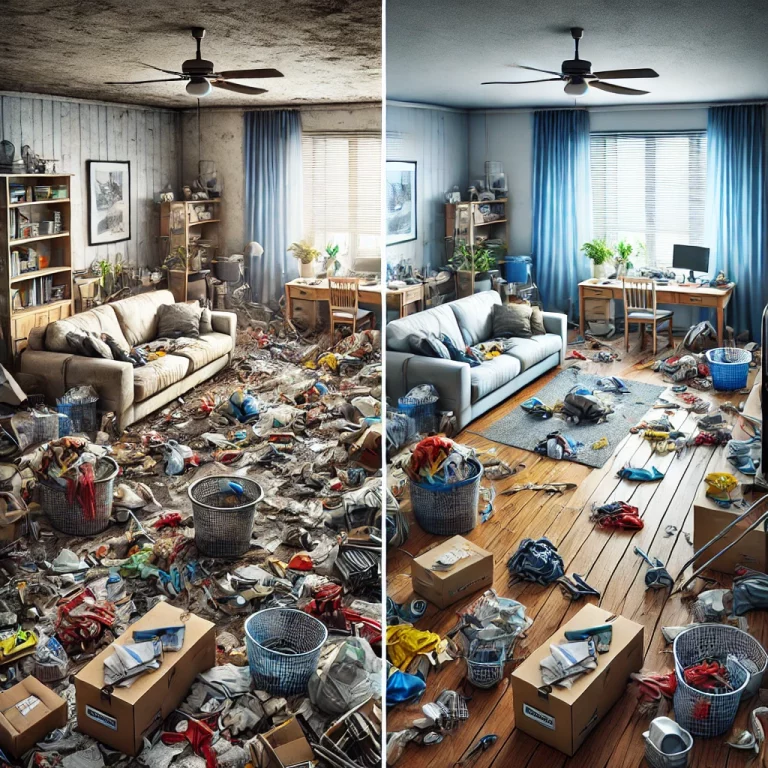 Comparaison avant et après la transformation d’un logement insalubre en espace propre et organisé a biot