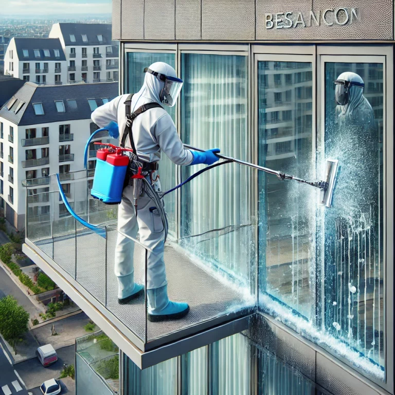 Un agent utilisant des équipements professionnels pour le lavage de vitrages dans une copropriété"