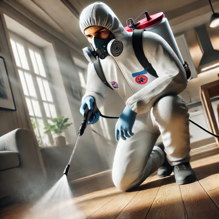 Un technicien appliquant un produit désinfectant sur une surface contaminée dans un appartement