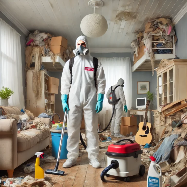Une équipe de nettoyage professionnel équipée de combinaisons de protection effectuant un nettoyage extrême dans un appartement insalubre.