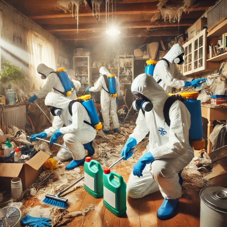Un professionnel du nettoyage en combinaison protectrice désinfectant une pièce encombrée par des déchets dans un logement insalubre.