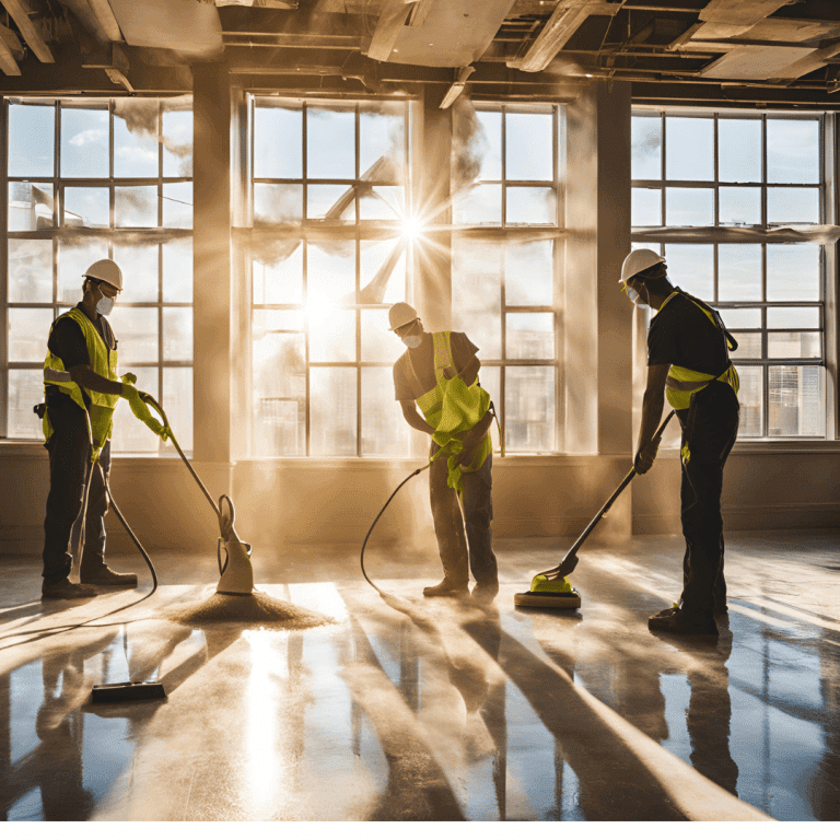 Techniciens de Speed 3D Désinfection effectuant un nettoyage de fin de chantier dans un espace nouvellement construit.