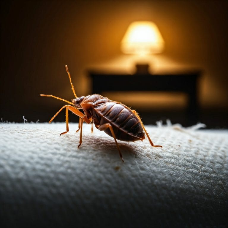 Une punaise de lit en gros plan, visible sur un matelas. La punaise de lit est de couleur rougeâtre et a six pattes. Elle est en train de se déplacer sur le matelas, qui est usé et taché. La lumière est tamisée, ce qui donne à l'image une atmosphère sombre et inquiétante.