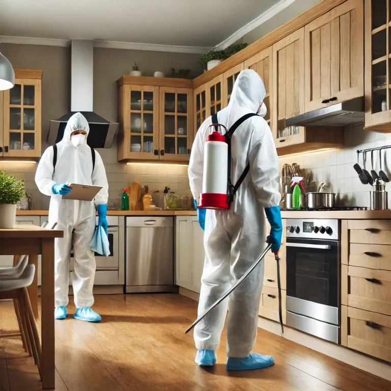 Une équipe professionnelle nettoyant et désinfectant une cuisine moderne après un événement délicat.