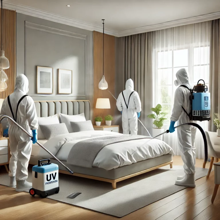 Une équipe en combinaisons de protection désinfectant une chambre à coucher après un événement délicat.