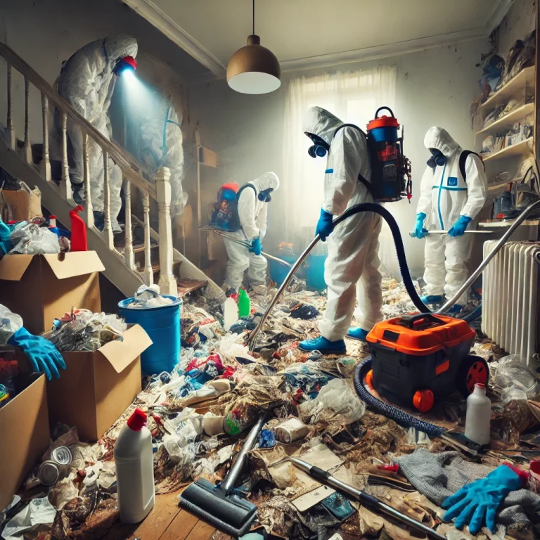 Une équipe de nettoyage dans un appartement insalubre des Alpes-Maritimes, retirant des détritus et utilisant des machines professionnelles pour nettoyer en profondeur.