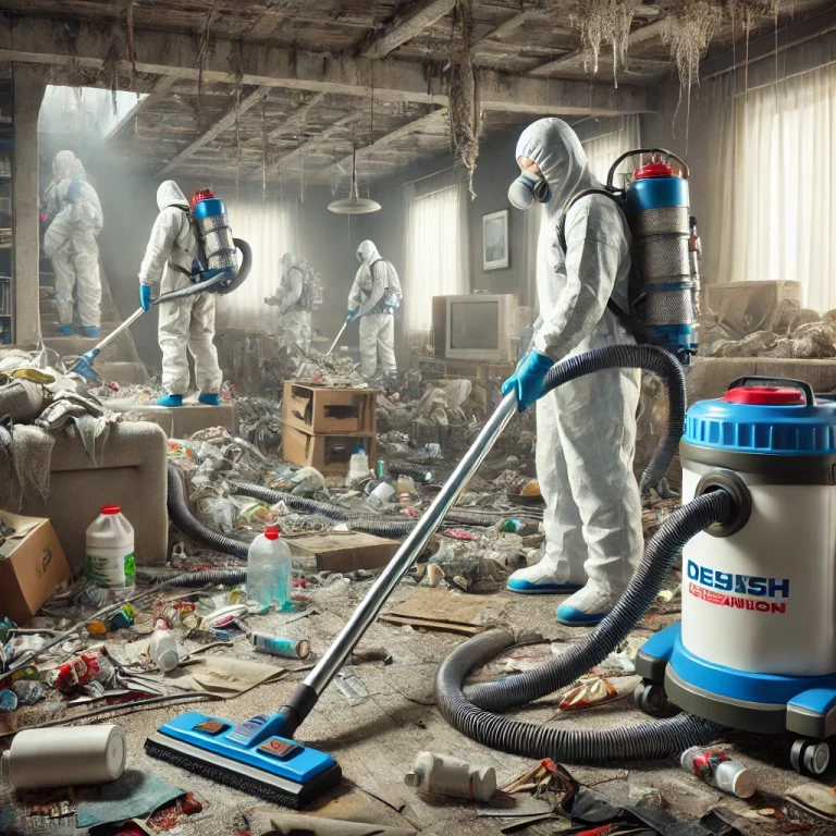 Une équipe de professionnels en combinaison de protection utilise des équipements industriels comme des aspirateurs et des pulvérisateurs pour nettoyer un appartement très encombré.