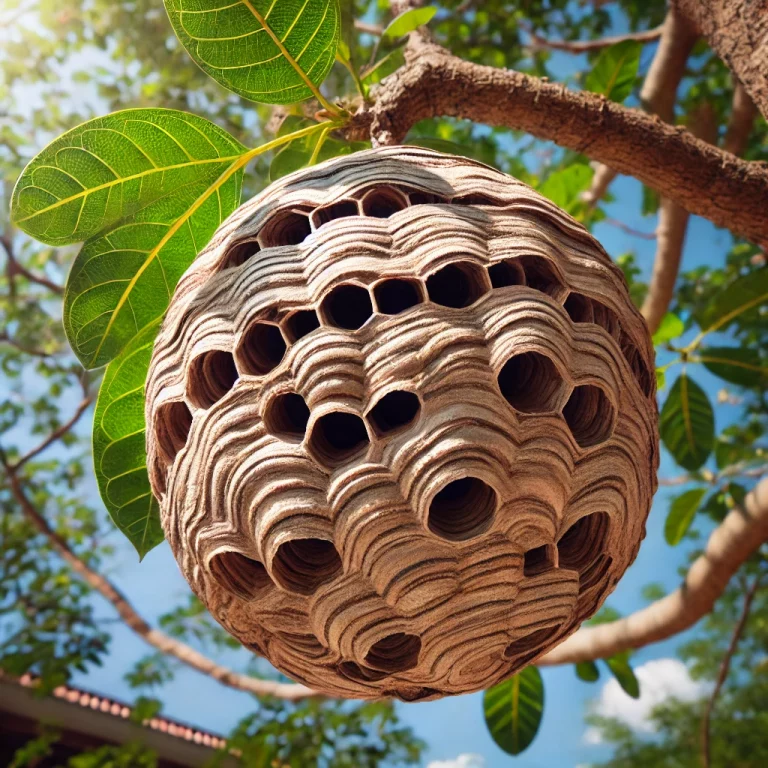 Nid de frelons asiatiques suspendu à une branche d’arbre, montrant ses couches et sa structure détaillées.