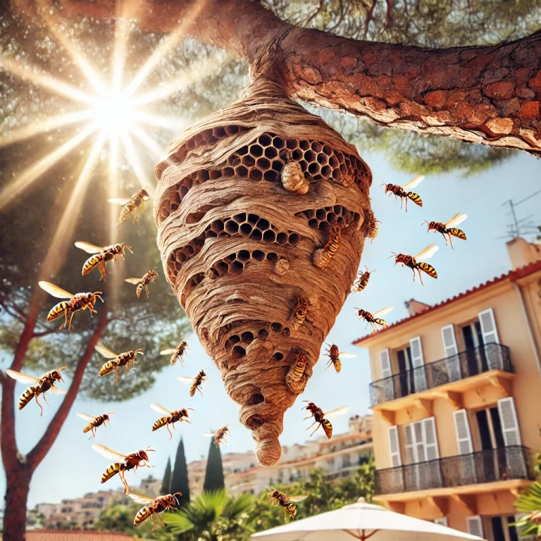 Un nid de frelons asiatiques (Vespa velutina) suspendu dans un arbre à Cannes, avec des frelons en vol autour.