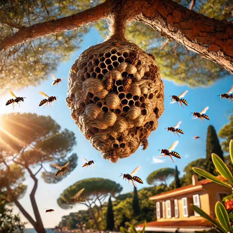 Un nid sphérique de frelons asiatiques suspendu dans un arbre, entouré de végétation méditerranéenne à Antibes.