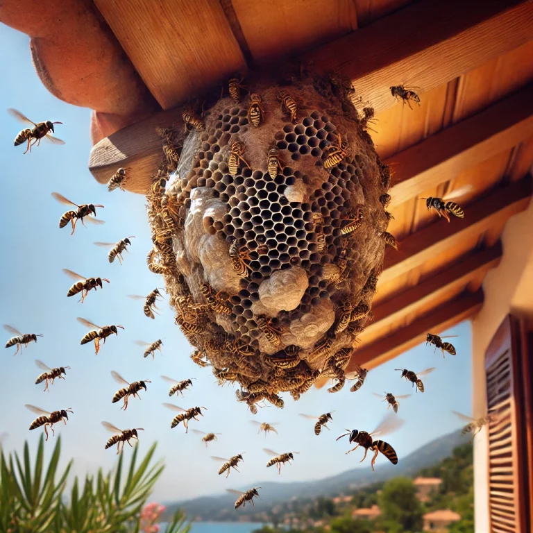 Un nid de guêpes sous les avant-toits d’un toit méditerranéen, avec des guêpes volant autour.
