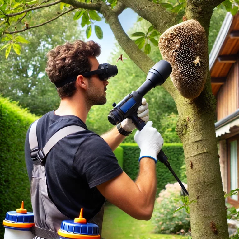 Un professionnel en désinsectisation manipule une perche télescopique pour éliminer un nid de guêpes en haut d’un arbre dans un jardin à Antibes.