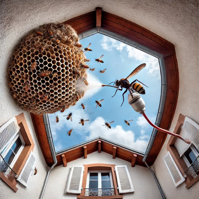 Vue rapprochée d’un professionnel pulvérisant un insecticide sur un nid de guêpes situé sous un toit dans une maison typiquement méditerranéenne à Antibes.
