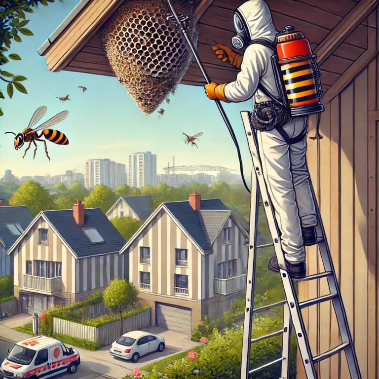 llustration d’un professionnel en désinsectisation éliminant un nid de guêpes sous le toit d’une maison à Juan-les-Pins avec une combinaison de protection.