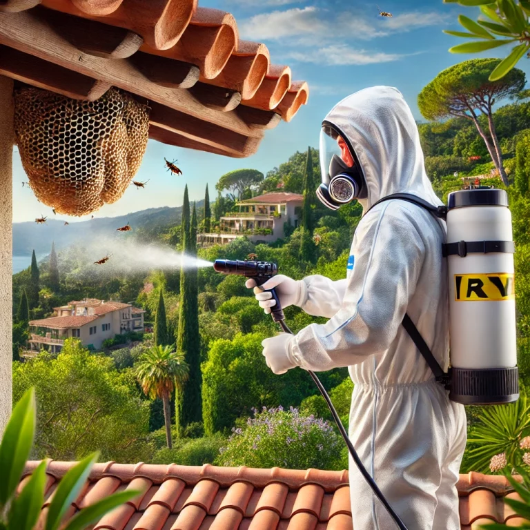 Scène réaliste d’un professionnel neutralisant un nid de guêpes sous les avant-toits d’une villa méditerranéenne à Juan-les-Pins, avec un ciel ensoleillé et une végétation luxuriante.