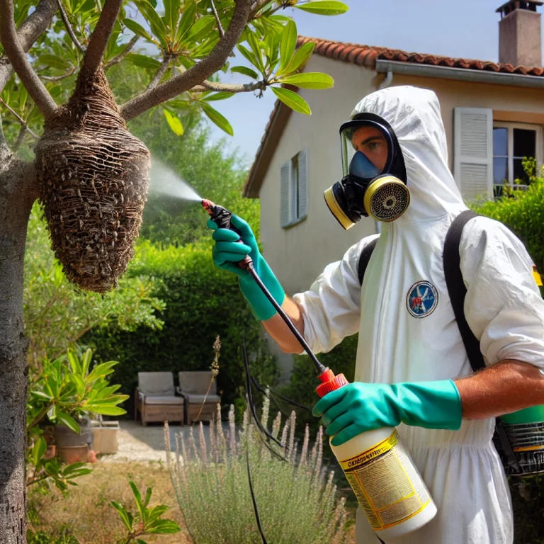 Un professionnel de la désinsectisation portant une combinaison complète, appliquant un insecticide sur un nid de guêpes dans un jardin ensoleillé.