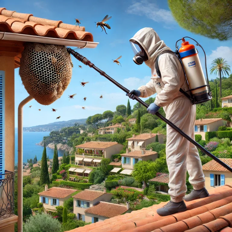 Un expert en lutte antiparasitaire inspecte un nid de guêpes avec un équipement de protection, utilisant une perche télescopique et un insecticide.
