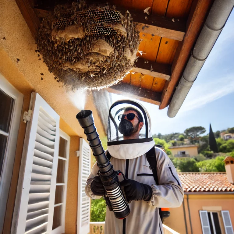 Un expert en désinsectisation pulvérisant un nid de guêpes sous un toit dans une maison provençale ensoleillée.