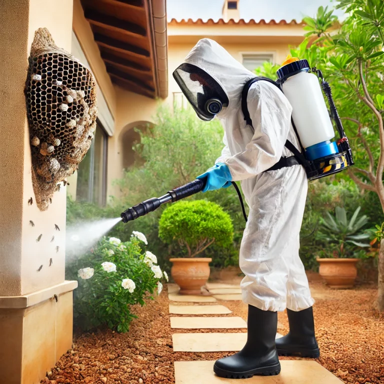 Travailleur en désinsectisation utilisant un pulvérisateur haute pression pour traiter un nid de guêpes dans un coin de maison.