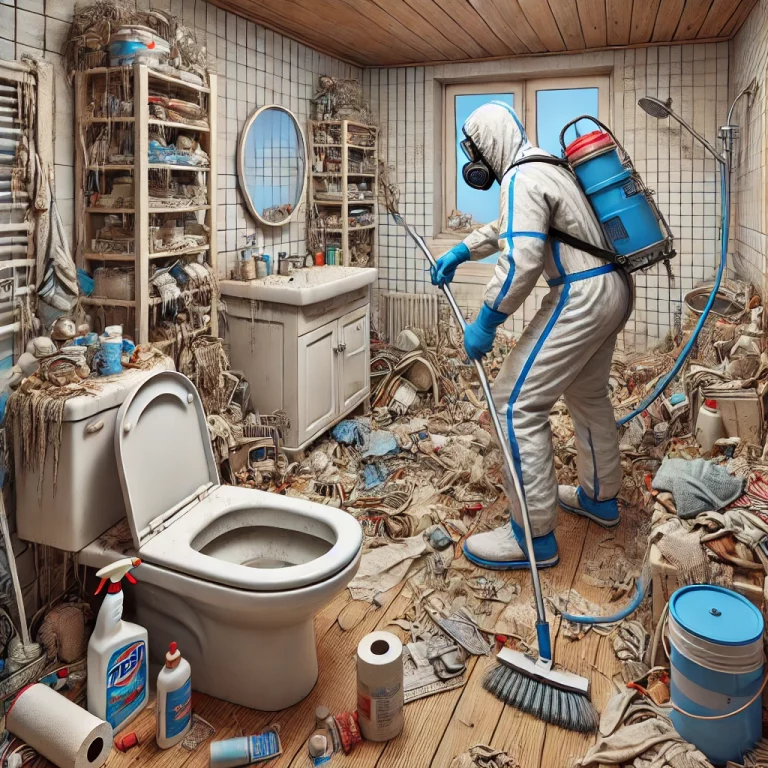 Une salle de bain encombrée nettoyée par un professionnel en équipement de protection, utilisant des outils spécialisés.