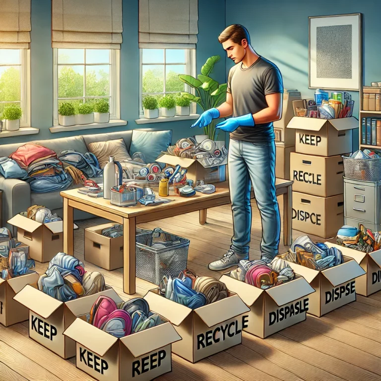 Un professionnel trie les objets d'une maison insalubre en piles : à garder, recycler ou jeter.