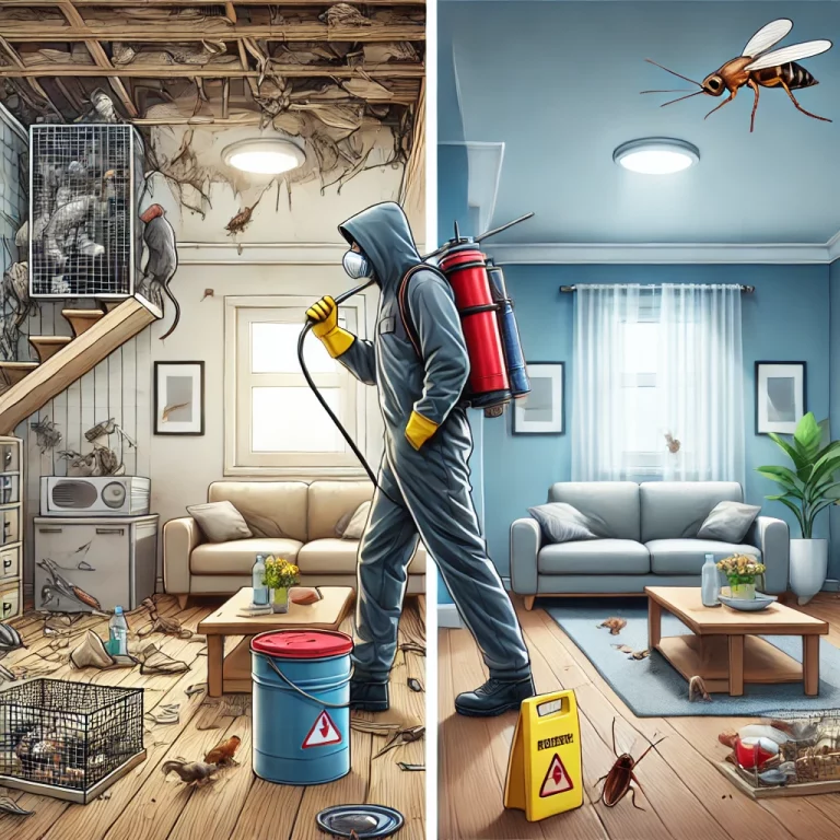 Un technicien en contrôle des nuisibles élimine rats et cafards dans une maison encombrée.