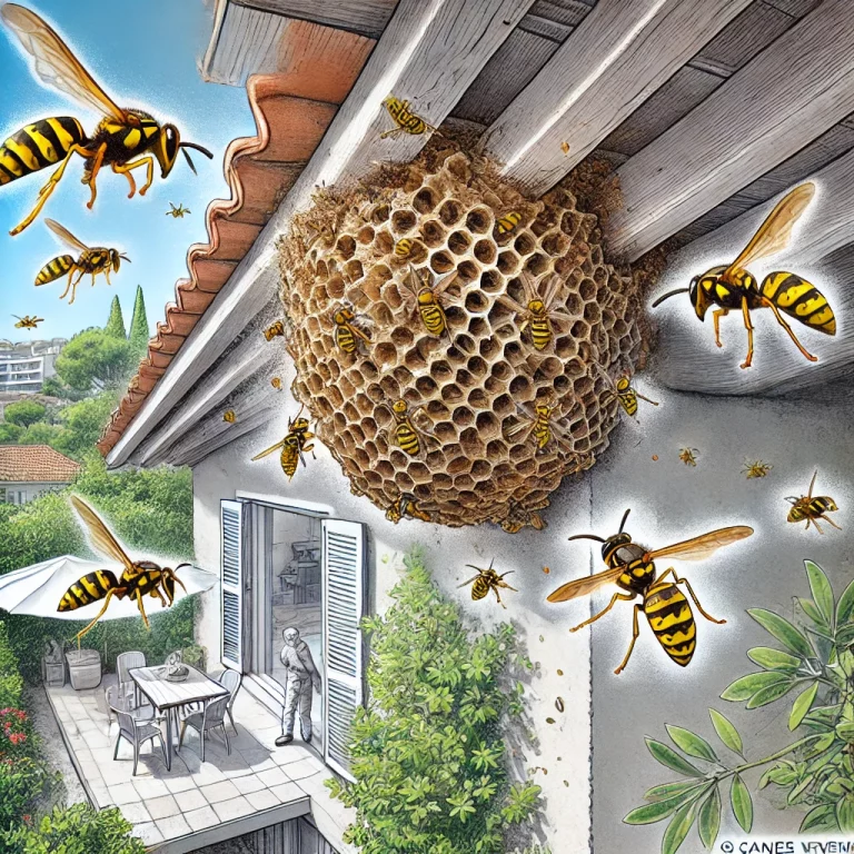 Vue rapprochée d’un nid de guêpes situé sous les avant-toits d’une maison, avec des guêpes entrant et sortant activement.