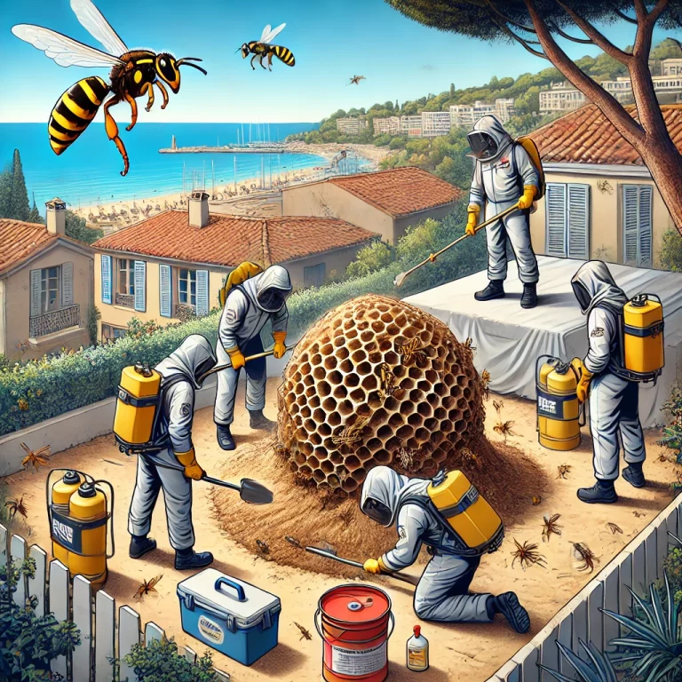 Une équipe de professionnels en tenues de protection extrait un nid de guêpes souterrain en utilisant des outils spécialisés et des insecticides.