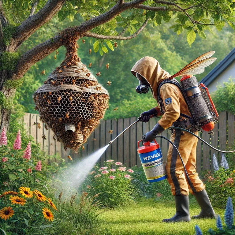 Un spécialiste en lutte antiparasitaire appliquant un insecticide écologique sur un nid de frelons suspendu à une branche basse dans un jardin fleuri.