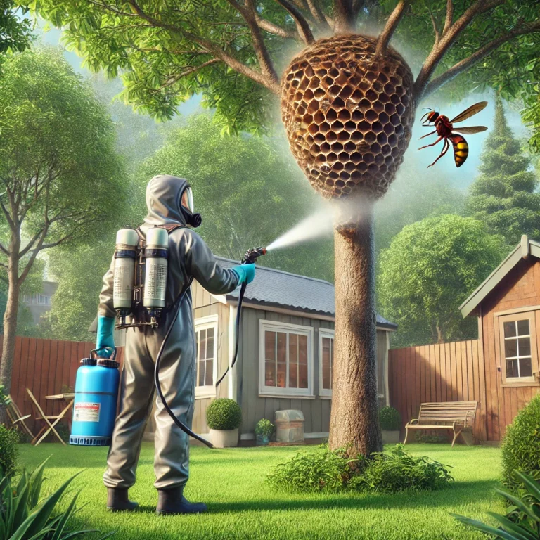 A pest control professional spraying a hornet nest on a tall tree in a suburban backyard, equipped with full protective gear.