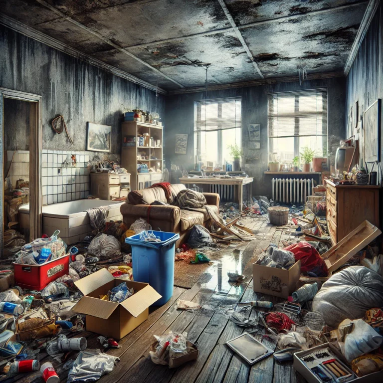 Illustration réaliste d'une pièce encombrée et insalubre, causée par le syndrome de Diogène, avec des piles de déchets et des objets éparpillés.