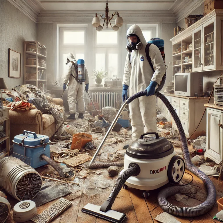 Équipe de nettoyage professionnelle dans un appartement affecté par le syndrome de Diogène, utilisant des équipements industriels pour une remise en état.