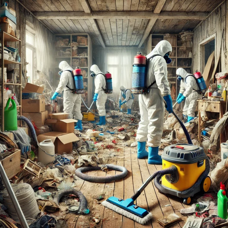 Une équipe de nettoyage professionnel en combinaisons de protection travaillant dans un appartement encombré et négligé, entourée d'équipements de nettoyage.