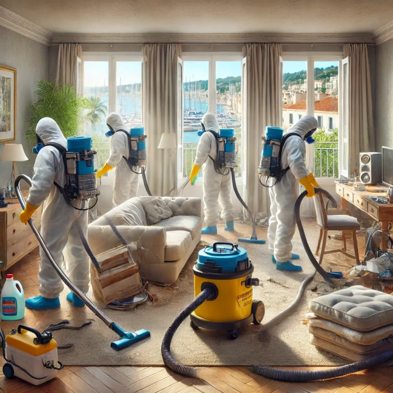 Une équipe de nettoyage professionnel à Antibes travaillant dans un appartement fortement encombré et négligé, utilisant des outils de nettoyage avancés et des équipements de protection.