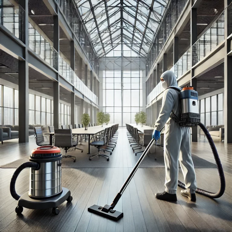 Un nettoyeur professionnel utilise un aspirateur industriel et un spray désinfectant dans un local commercial spacieux avec des murs en verre et du mobilier moderne.
