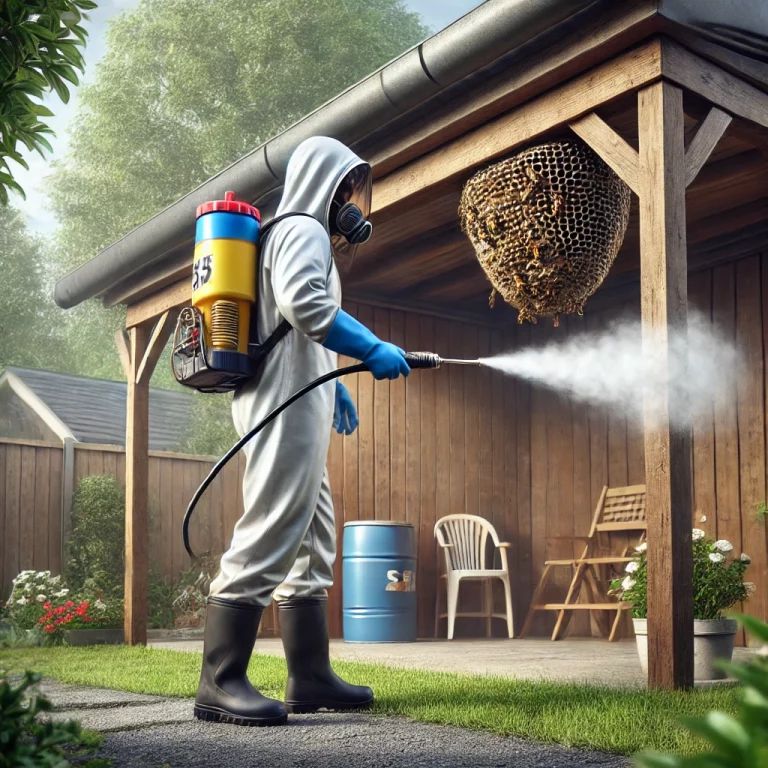 Un travailleur en lutte antiparasitaire pulvérisant un insecticide sur un nid de frelons situé sous un abri de jardin dans une cour résidentielle des Alpes-Maritimes.