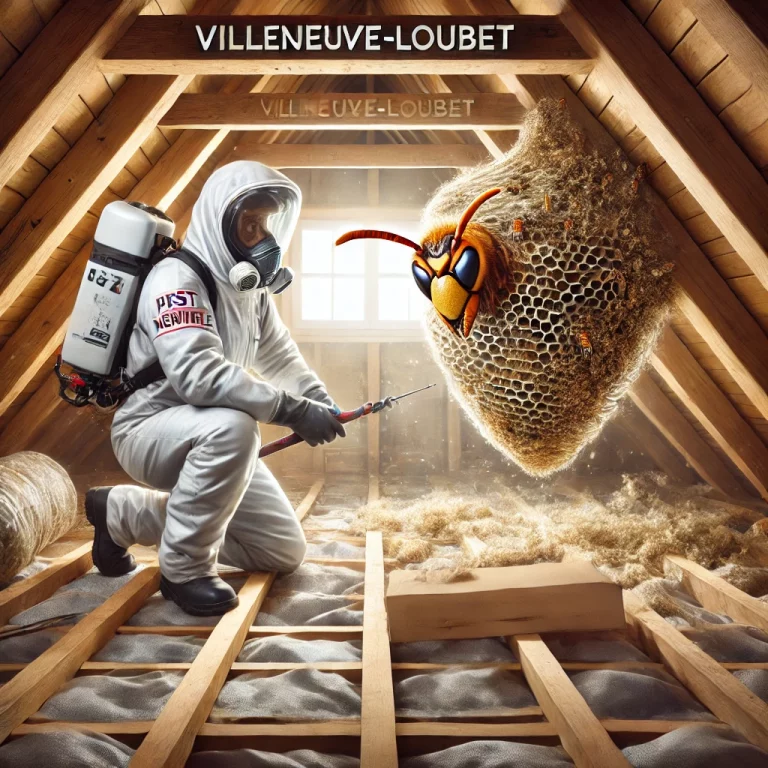 Un professionnel en lutte antiparasitaire retire un nid de frelons installé dans un grenier à Villeneuve-Loubet, avec des poutres en bois et des matériaux isolants visibles.